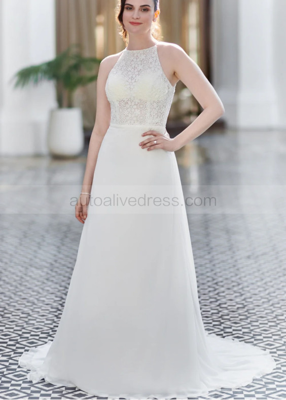 Halter Neck Ivory Lace Chiffon Keyhole Back Wedding Dress